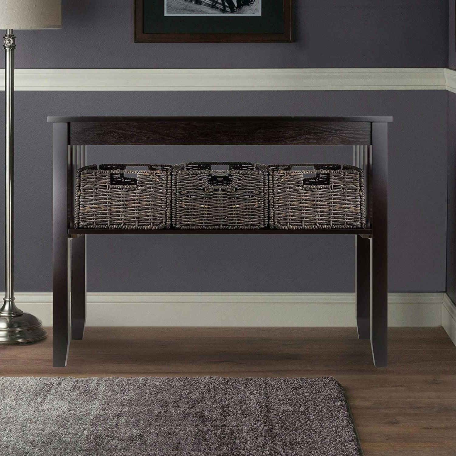 Espresso 2-Tier Entryway Console Table – 3 Storage Baskets - PRHOMZ
