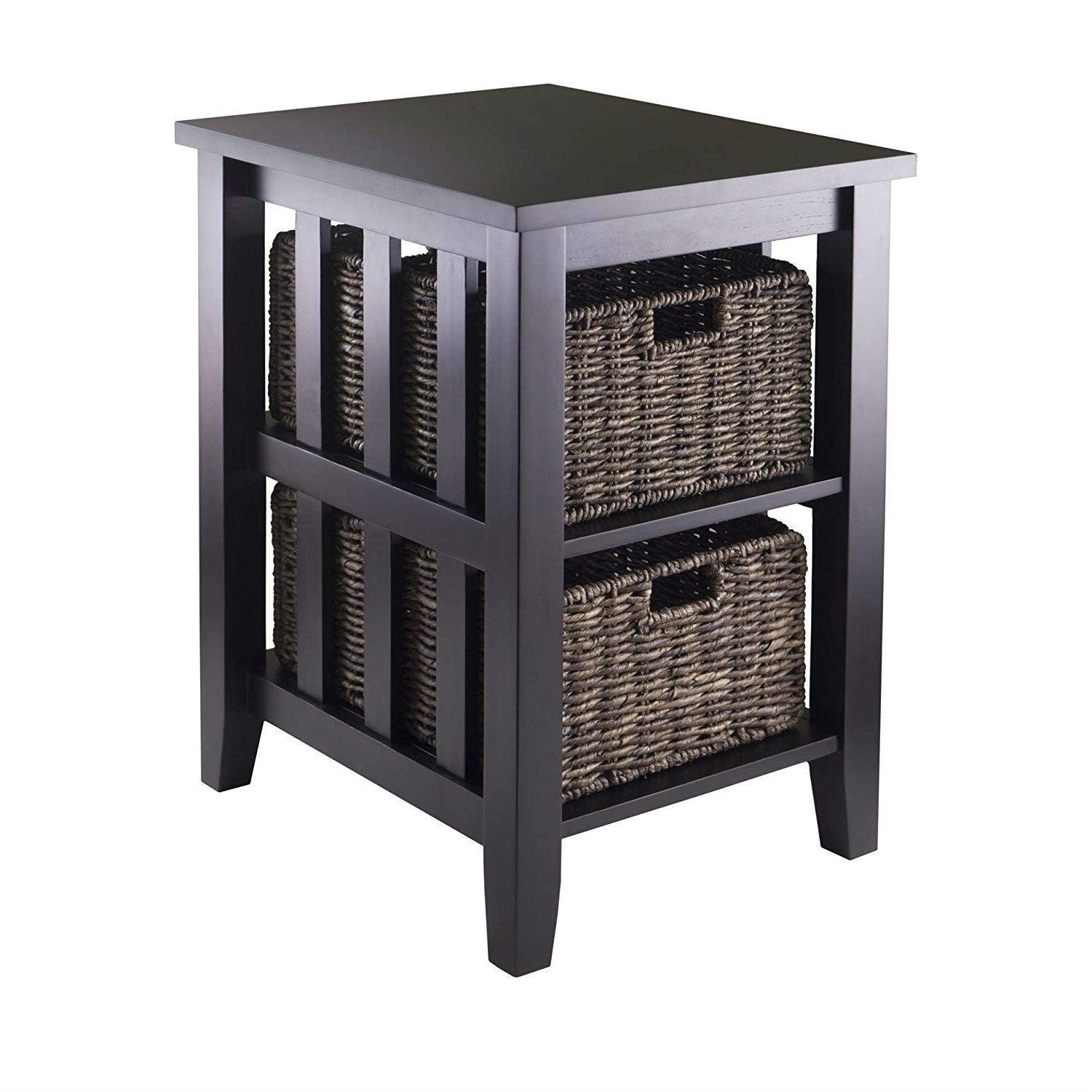 Espresso 3 Tier Bookcase Shelf Accent Table with 2 Small Storage Baskets - PRHOMZ
