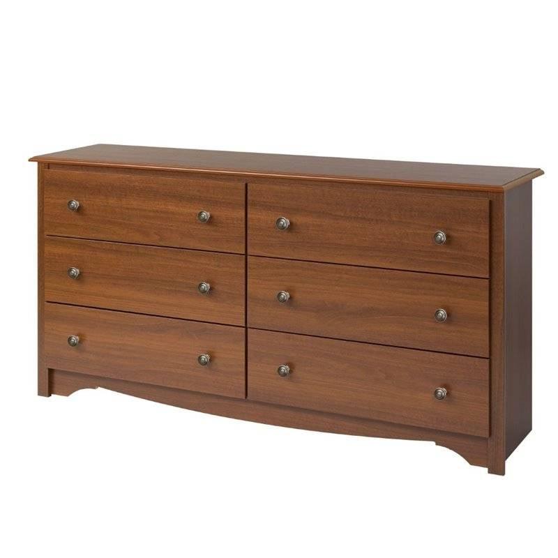 Bedroom Dresser in Medium Brown Cherry Finish with 6 Drawers and Metal Knobs - PRHOMZ