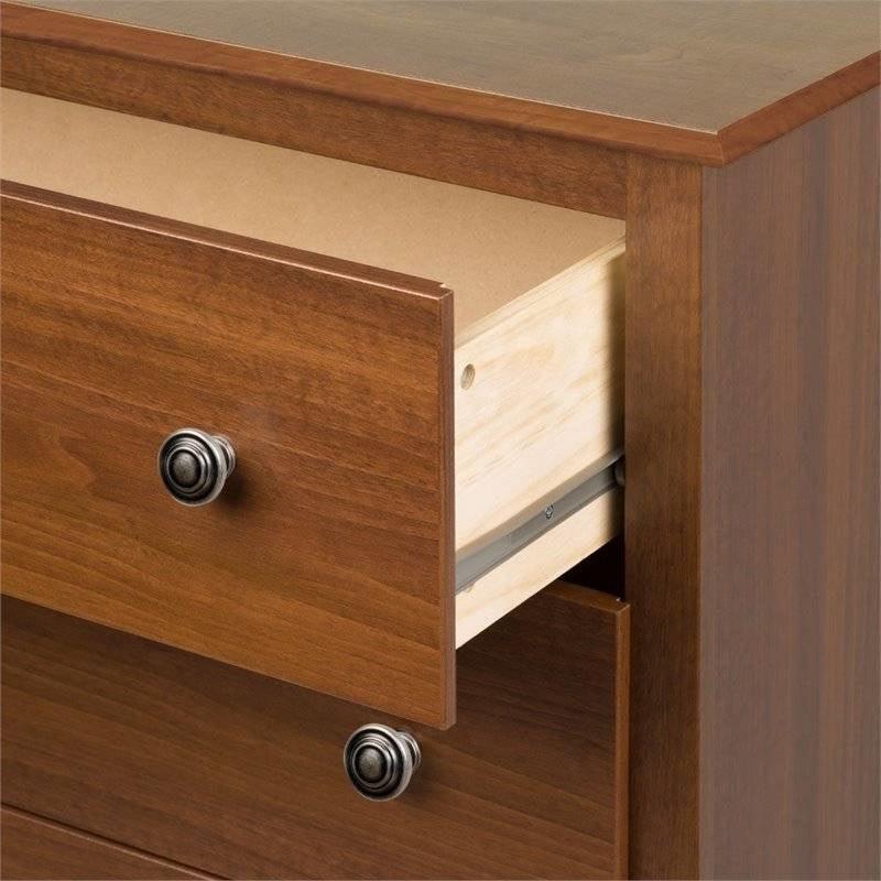 Bedroom Dresser in Medium Brown Cherry Finish with 6 Drawers and Metal Knobs - PRHOMZ