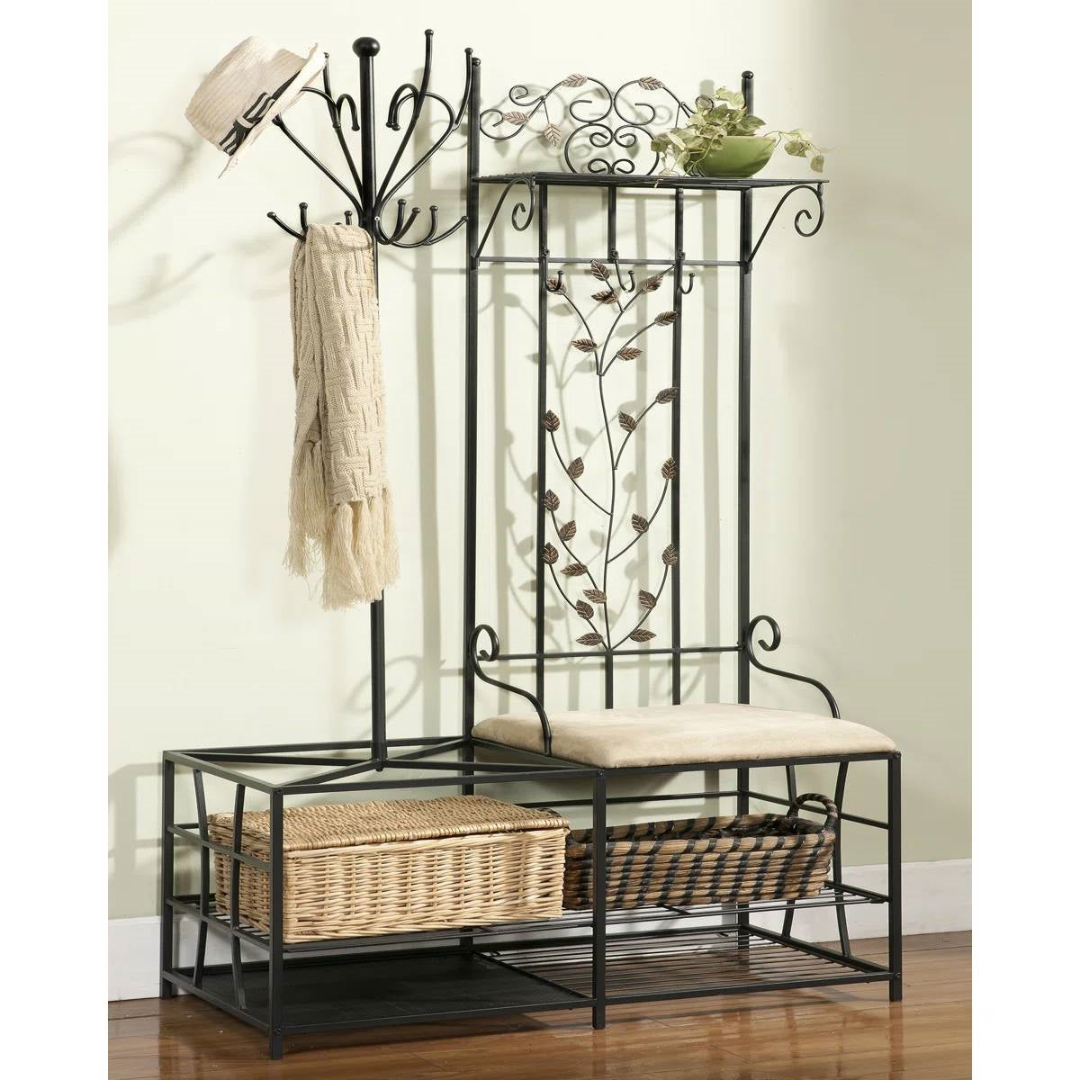 Entryway Hall Tree Coat Rack Storage Bench with Scrolling Leaves Scrollwork
