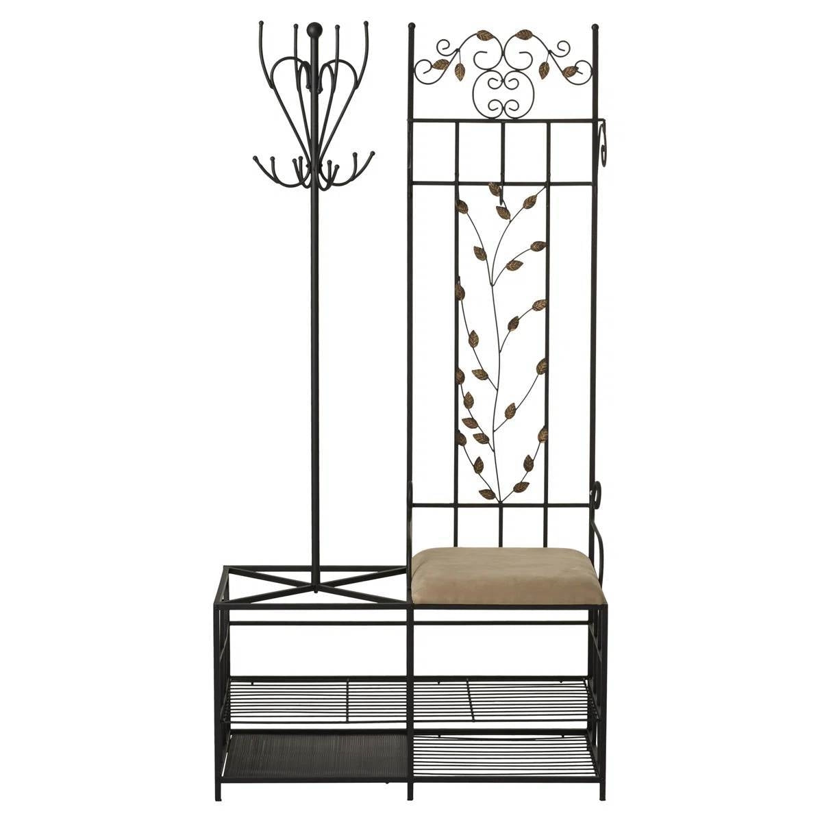Entryway Hall Tree Coat Rack Storage Bench with Scrolling Leaves Scrollwork-2
