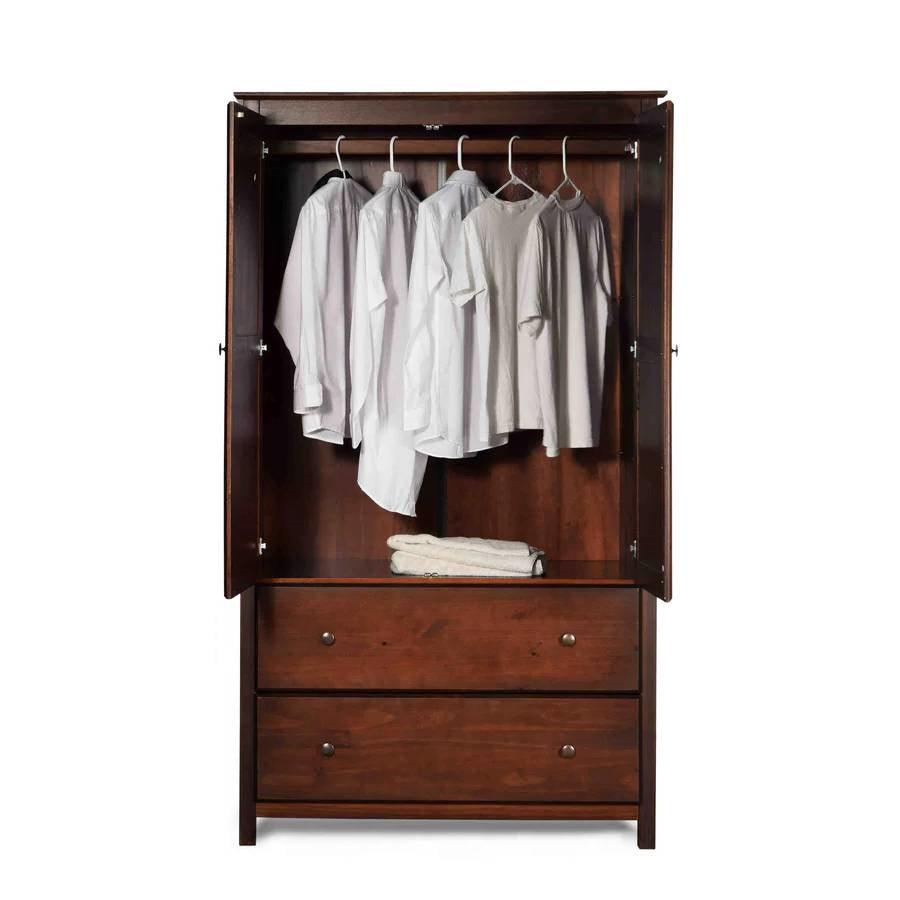 Solid Wood Bedroom Armoire Wardrobe Cabinet with Hanging Bar in Cherry Finish - PRHOMZ