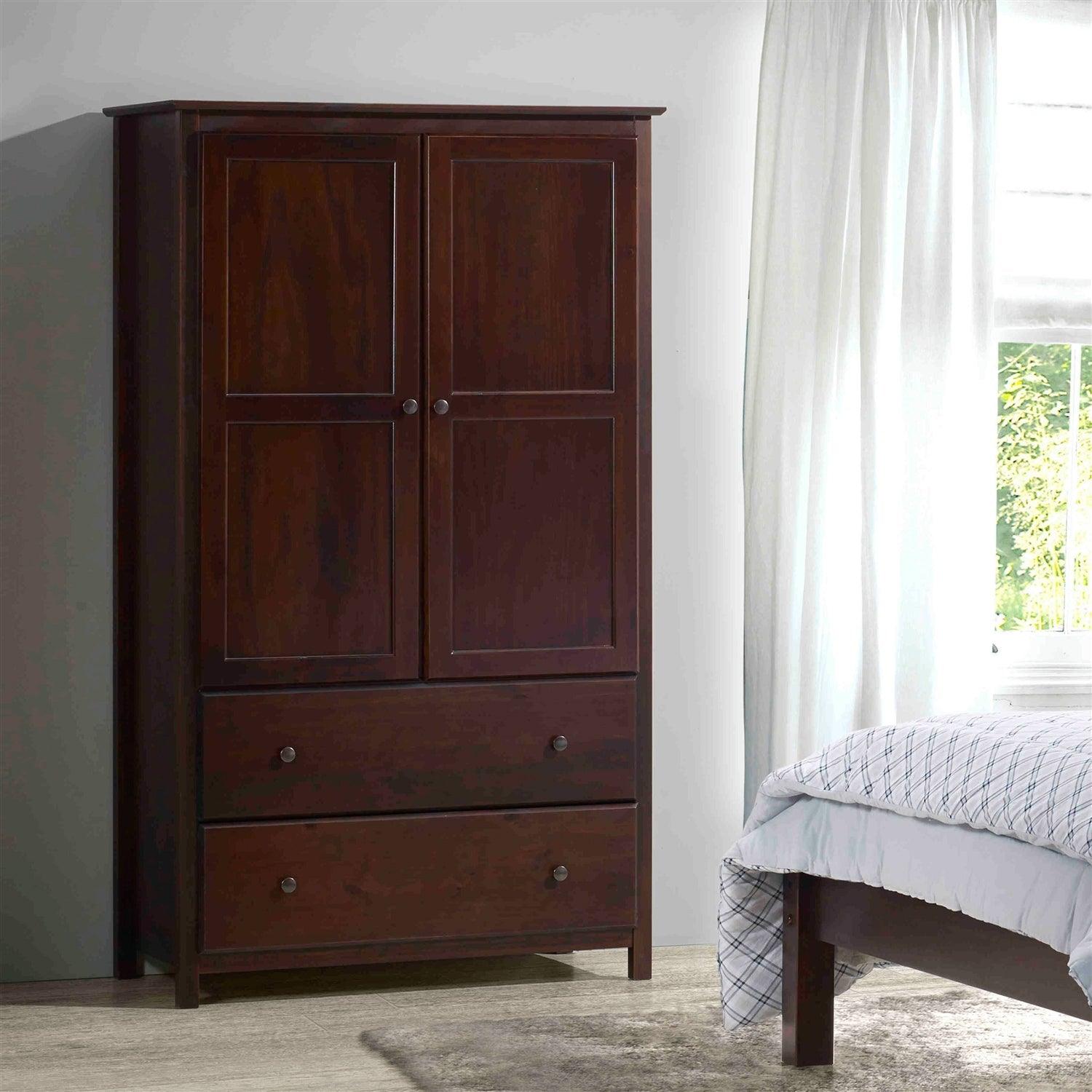 Solid Wood Bedroom Armoire Wardrobe Cabinet with Hanging Bar in Cherry Finish - PRHOMZ