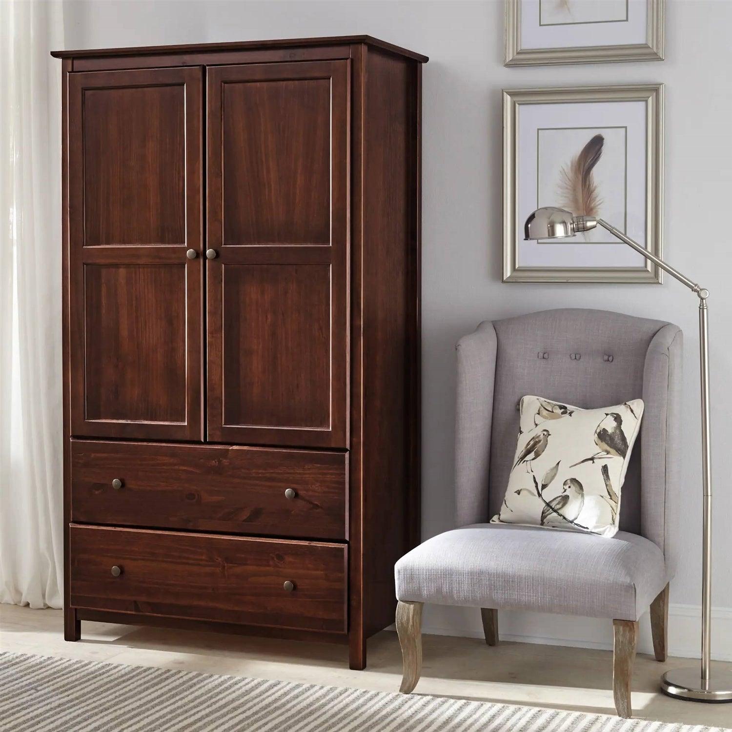 Solid Wood Bedroom Armoire Wardrobe Cabinet with Hanging Bar in Cherry Finish - PRHOMZ