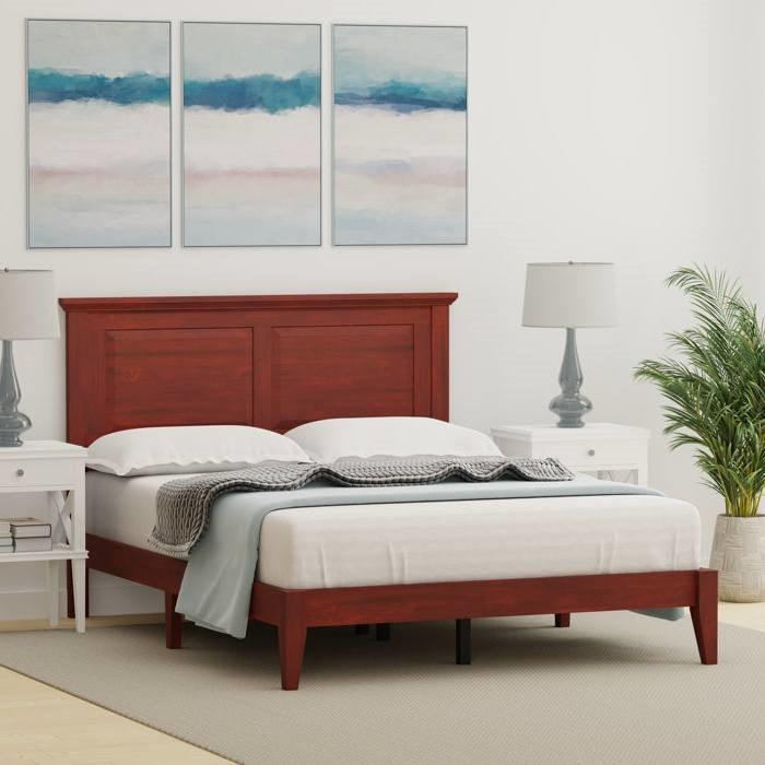 Full Traditional Solid Oak Wooden Platform Bed Frame with Headboard in Cherry - PRHOMZ