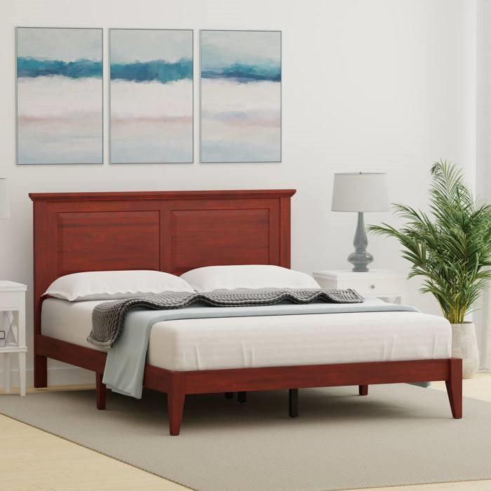 Queen Traditional Solid Oak Wooden Platform Bed Frame with Headboard in Cherry - PRHOMZ