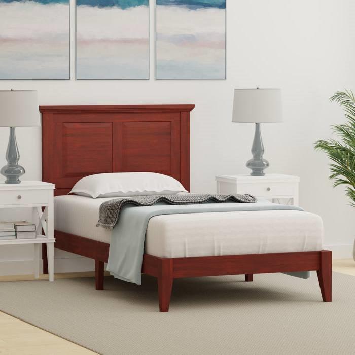 Twin Traditional Solid Oak Wooden Platform Bed Frame with Headboard in Cherry - PRHOMZ
