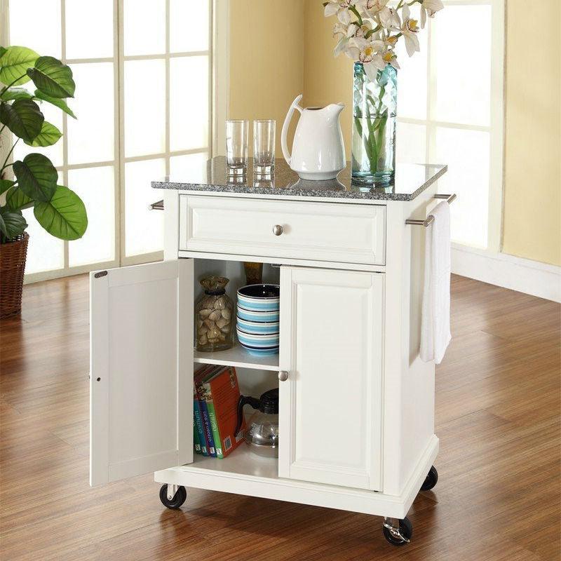 White Kitchen Cart with Granite Top and Locking Casters Wheels - PRHOMZ