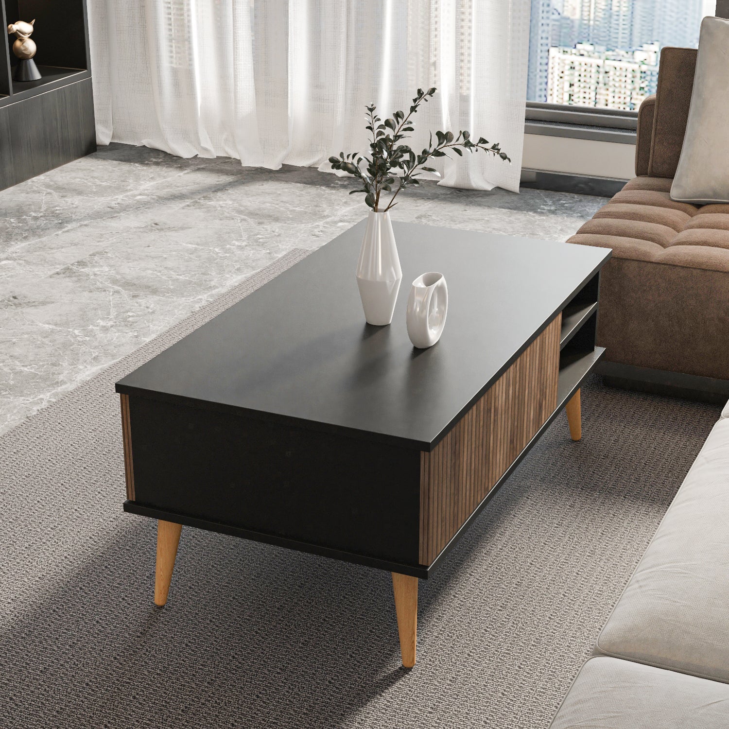 Como 47" Modern Coffee Table with Hidden Compartment and Open Shelves