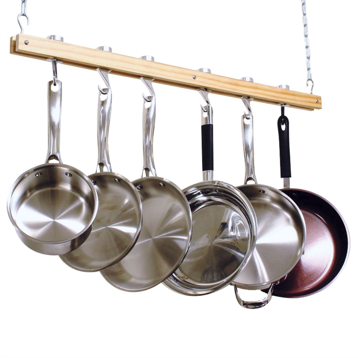 Ceiling Mount Single Bar Wooden Pot Rack with 4 Pan Hooks - PRHOMZ