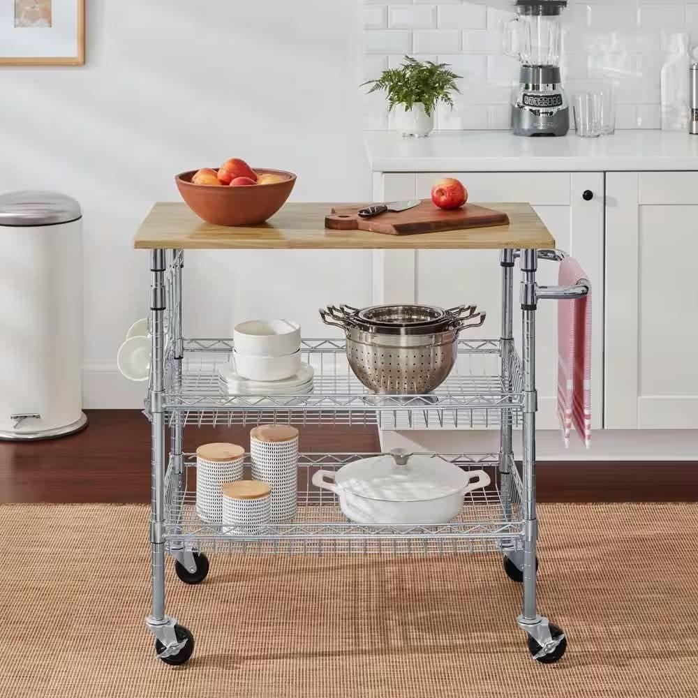 Kitchen Island Cart with Wood Top and 2 Bottom Storage Shelves on Wheels - PRHOMZ