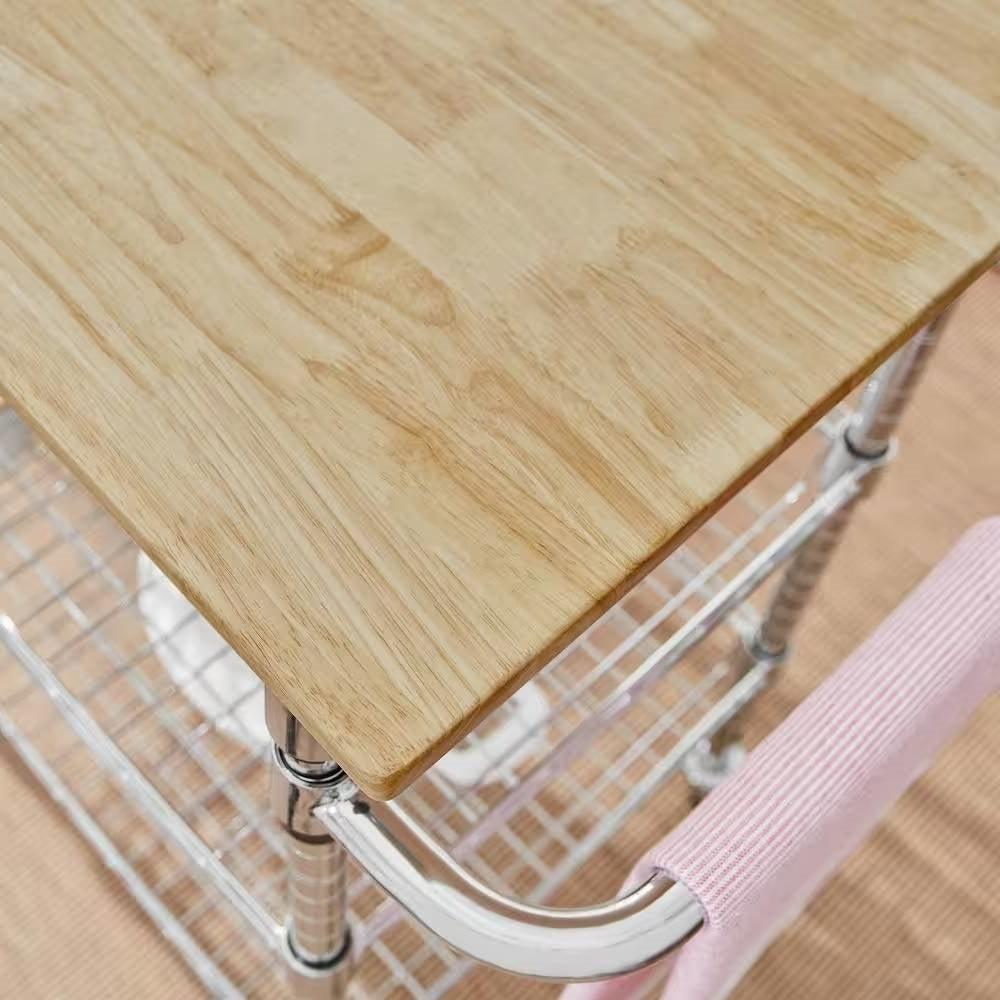 Kitchen Island Cart with Wood Top and 2 Bottom Storage Shelves on Wheels - PRHOMZ