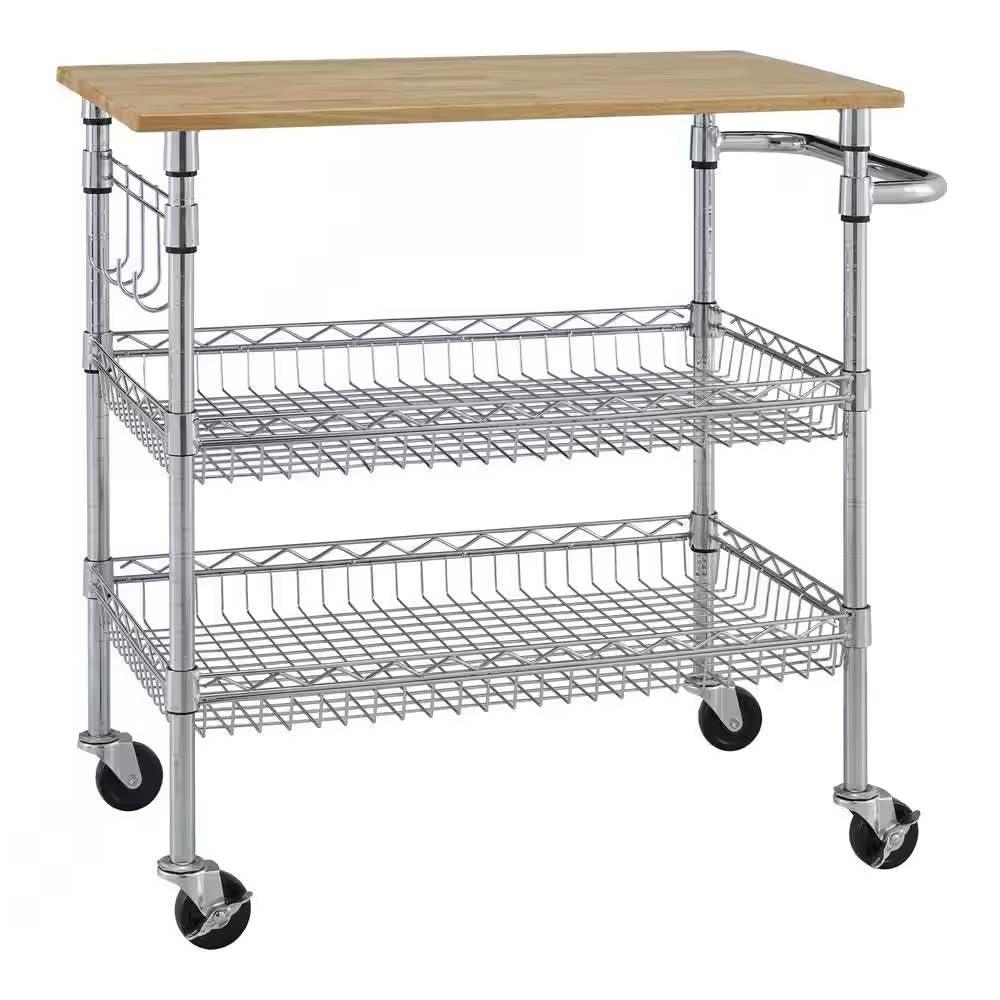 Kitchen Island Cart with Wood Top and 2 Bottom Storage Shelves on Wheels - PRHOMZ