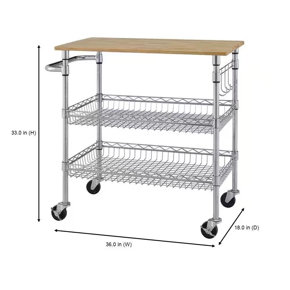 Kitchen Island Cart with Wood Top and 2 Bottom Storage Shelves on Wheels - PRHOMZ