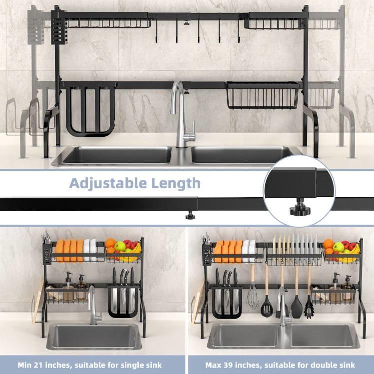 2 Tier Black Steel Adjustable Over the Sink Dish Drying Rack - PRHOMZ