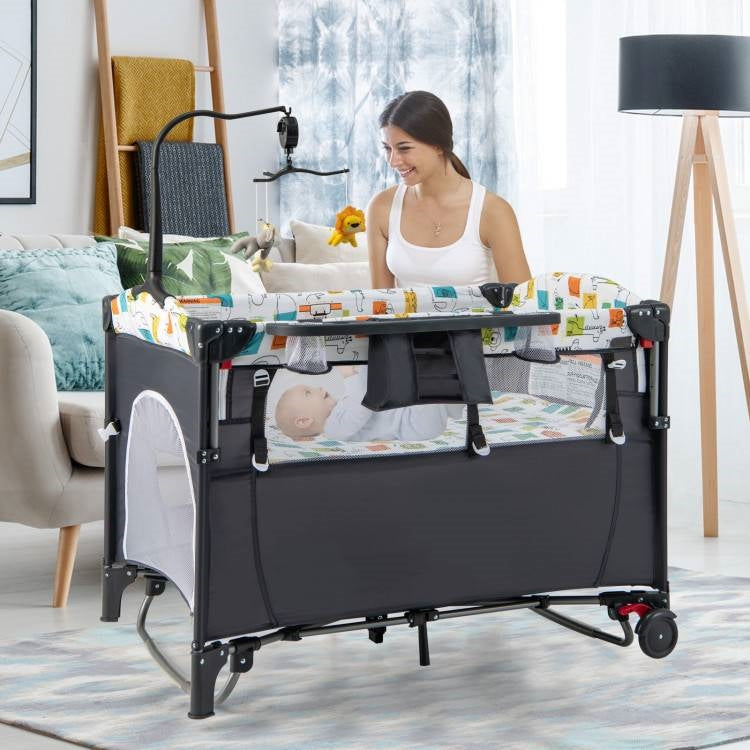 Grey Foldable Baby/Toddler Playpen Bassinet Bed Crib Music Box-2
