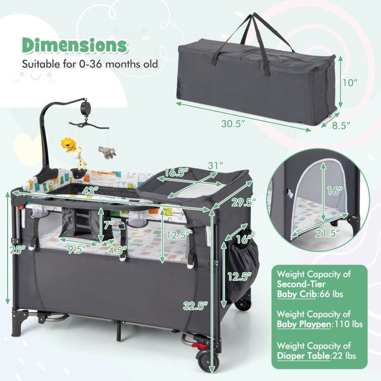 Grey Foldable Baby/Toddler Playpen Bassinet Bed Crib Music Box-3