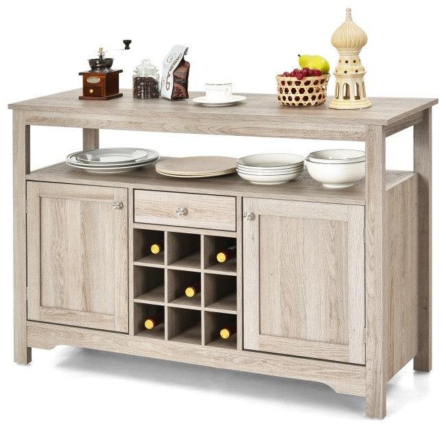 Gray Oak Buffet Server 9 Bottle Wine Cabinet Console - PRHOMZ