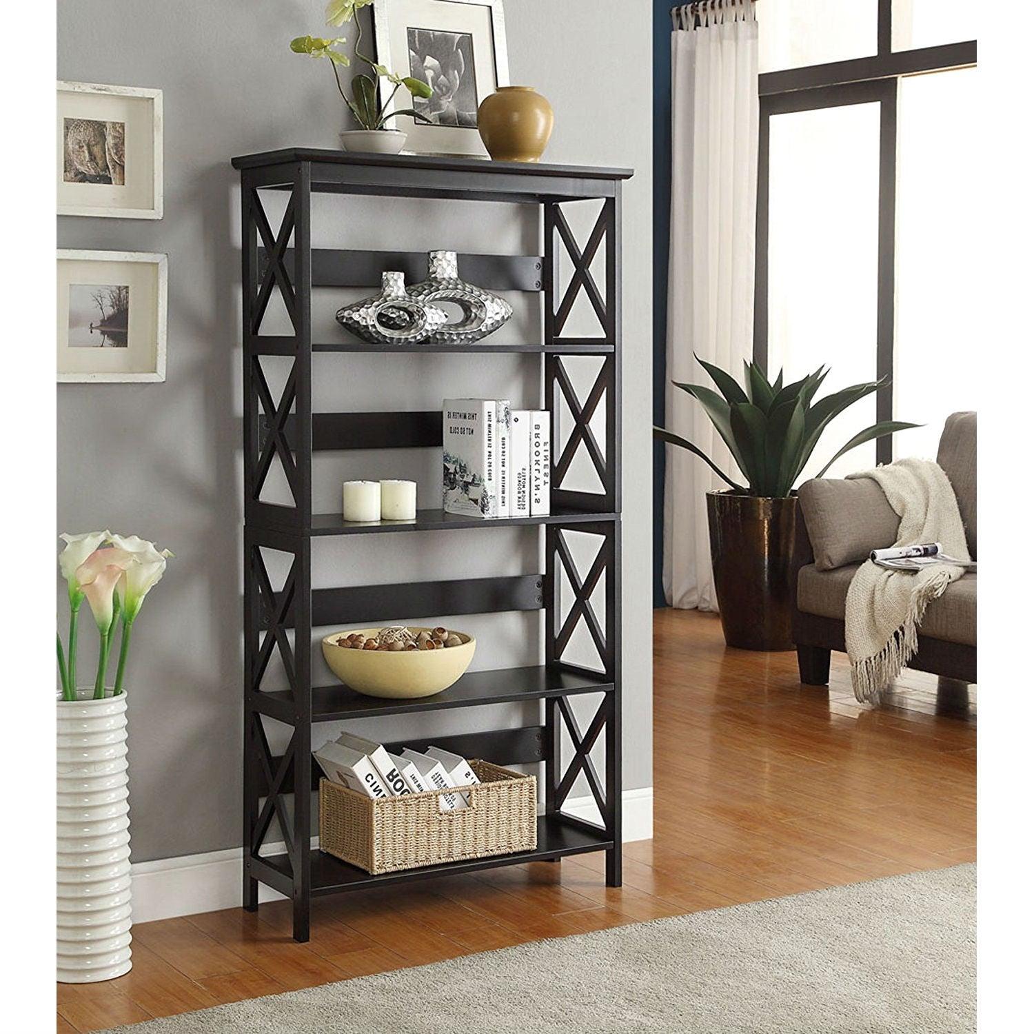 Glossy Black 5-Shelf Bookcase - PRHOMZ