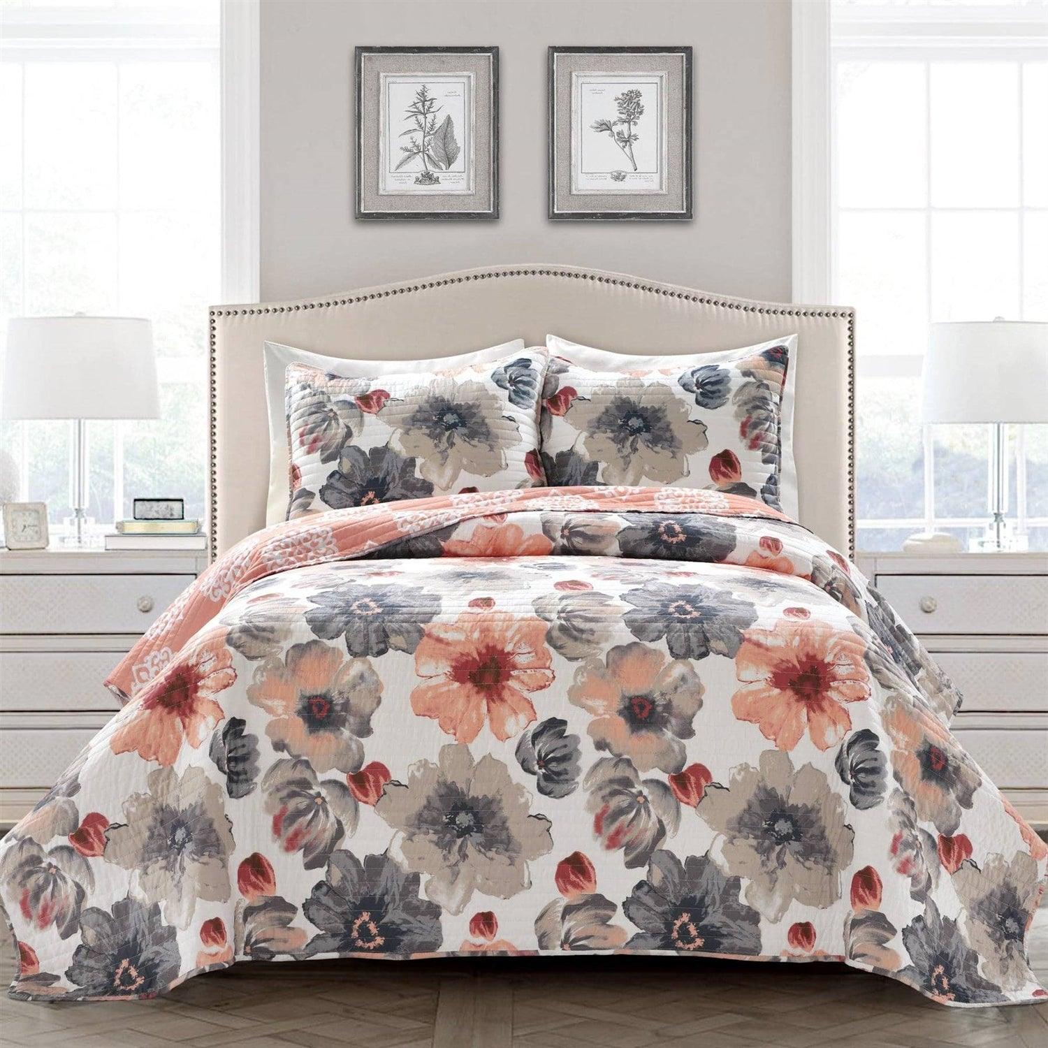 Full/Queen Coral Grey Flowers Lightweight Polyester Microfiber Quilt Set - PRHOMZ