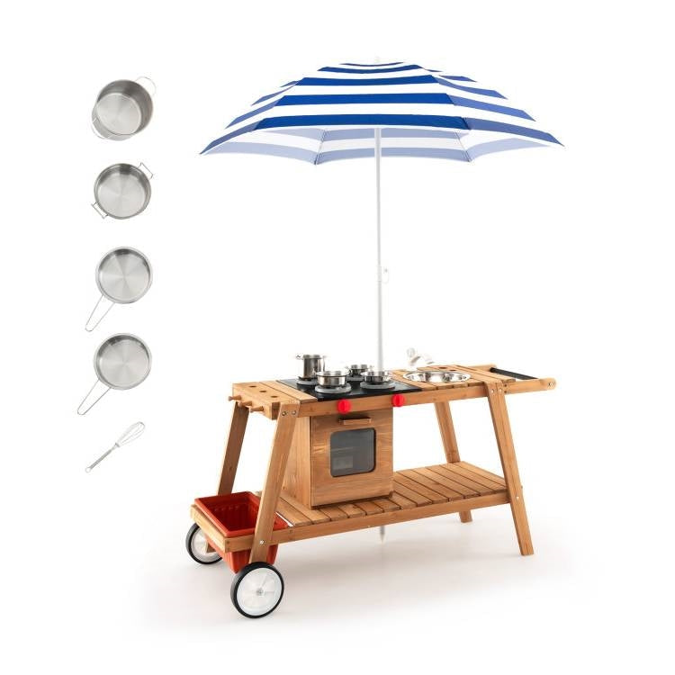 Kids Wooden Play Portable Cook Cart Set Navy/White Sun Proof Umbrella-0