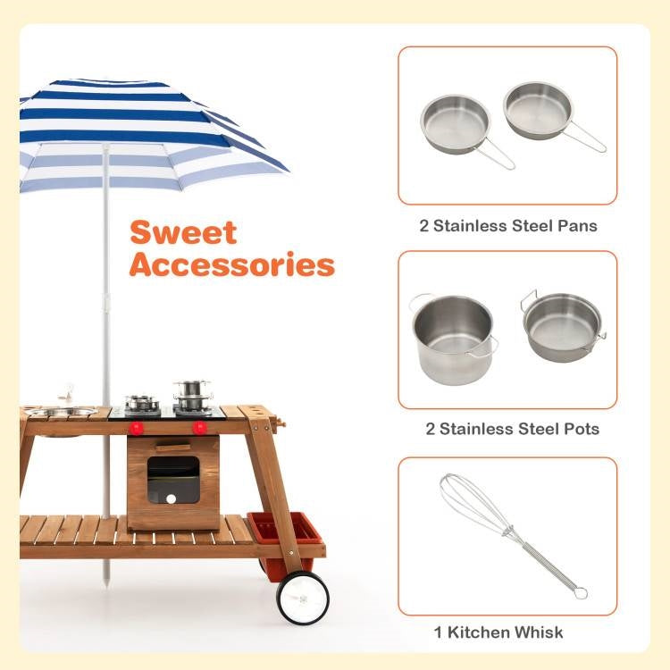 Kids Wooden Play Portable Cook Cart Set Navy/White Sun Proof Umbrella-3