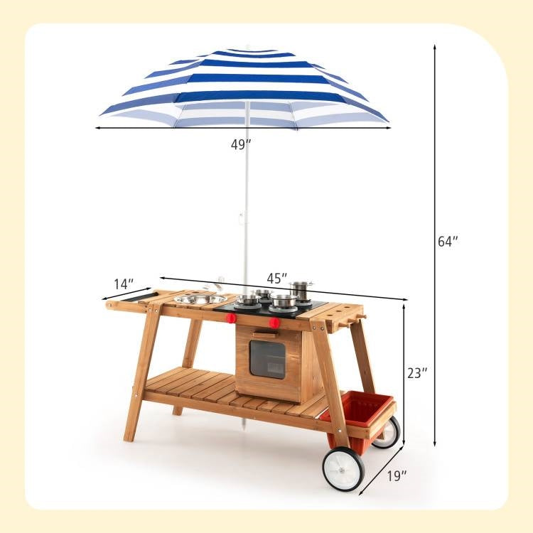 Kids Wooden Play Portable Cook Cart Set Navy/White Sun Proof Umbrella-4