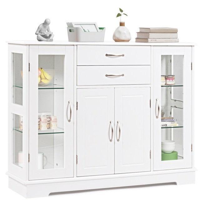 White Wood Buffet Sideboard Cabinet with Glass Display Doors - PRHOMZ