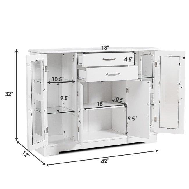 White Wood Buffet Sideboard Cabinet with Glass Display Doors - PRHOMZ