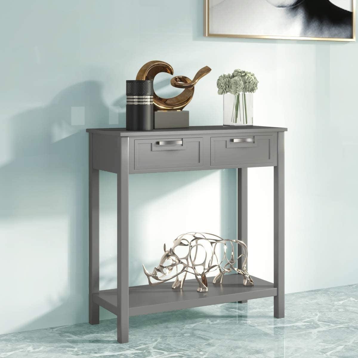 Modern Entryway Accent 2 Drawer Sofa Side Table Grey - PRHOMZ