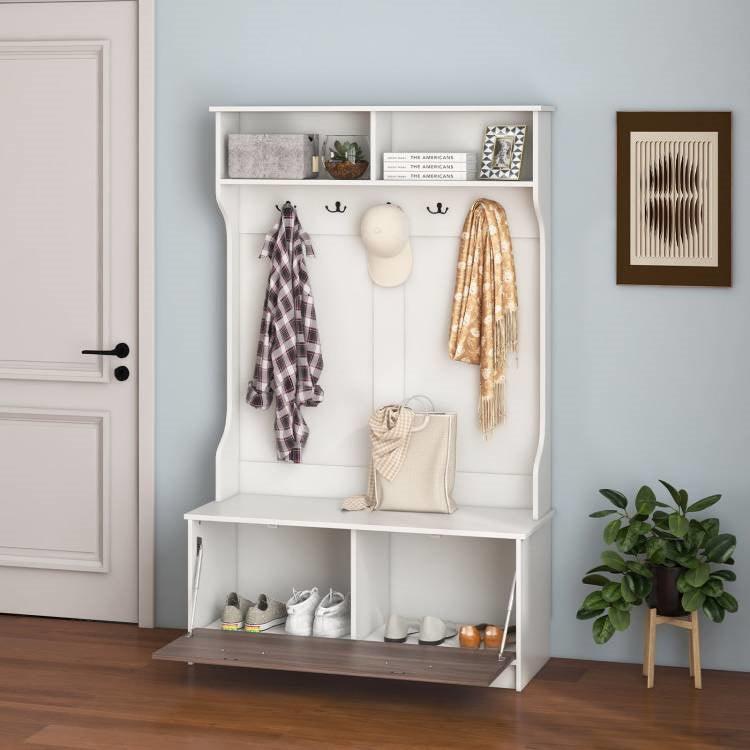 Entryway Bench Coat Rack Shoe Storage Cabinet in White Oak Wood Finish - PRHOMZ