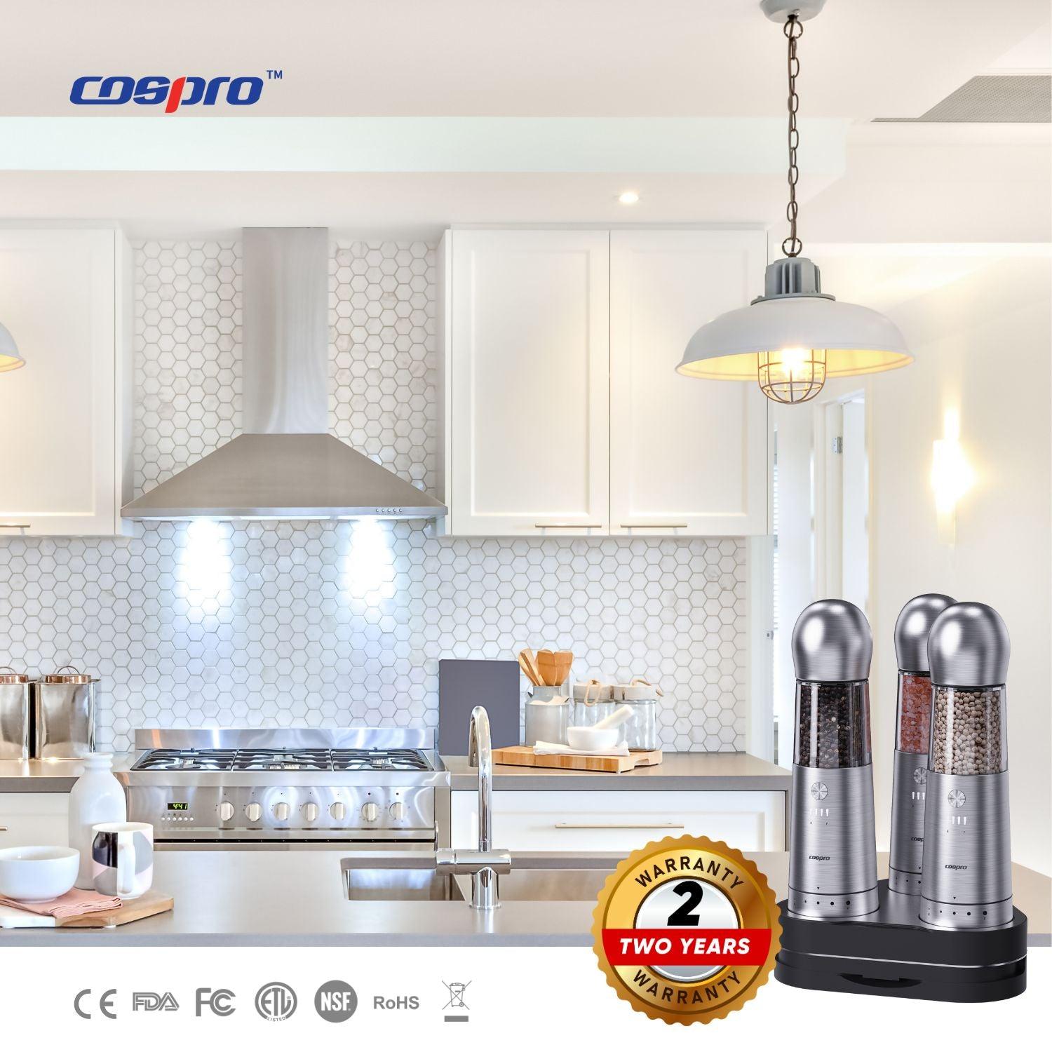 COSPRO 3-in-1 Electric Salt and Pepper Grinder Set with Adjustable Coarseness and USB Charging