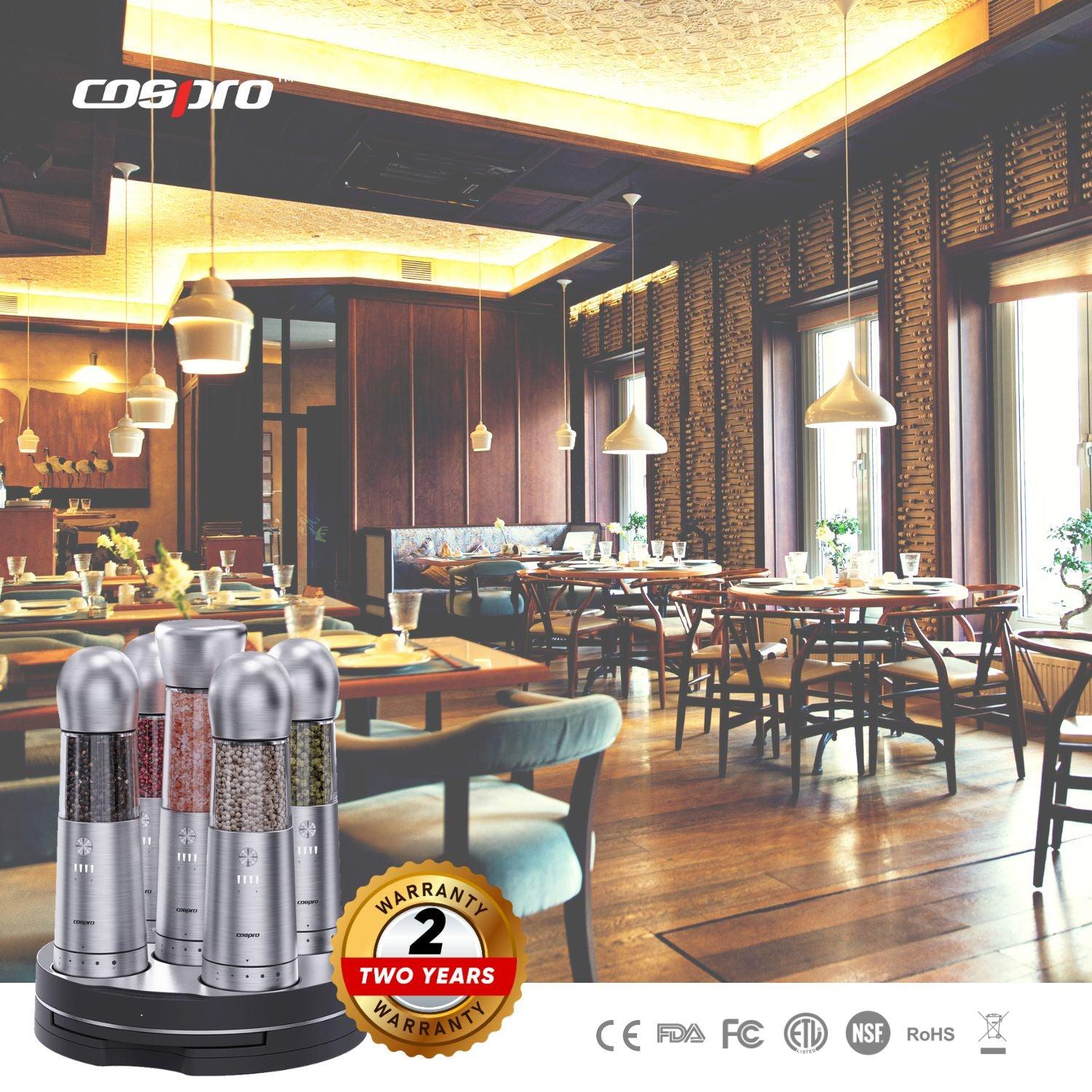 COSPRO 5-in-1 Electric Salt and Pepper Grinder Set with Adjustable Coarseness and Rechargeable Base