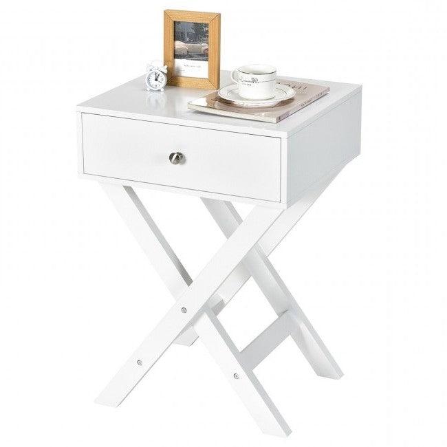 Retro White X-Shape 1 Drawer Nightstand Coffee Table - PRHOMZ