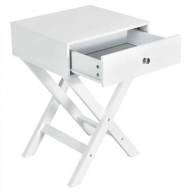 Retro White X-Shape 1 Drawer Nightstand Coffee Table - PRHOMZ