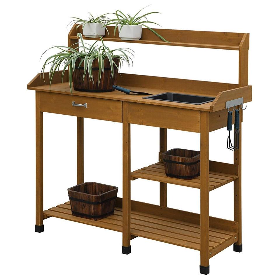 Modern Garden Potting Bench Table with Sink Storage Shelves & Drawer - PRHOMZ