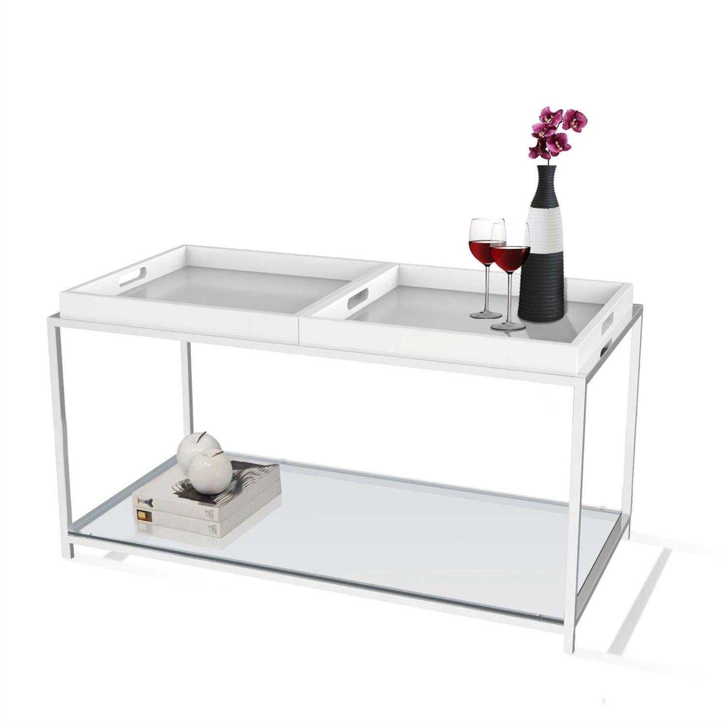 Modern Chrome Metal Coffee Table with 2 White Removable Trays - PRHOMZ
