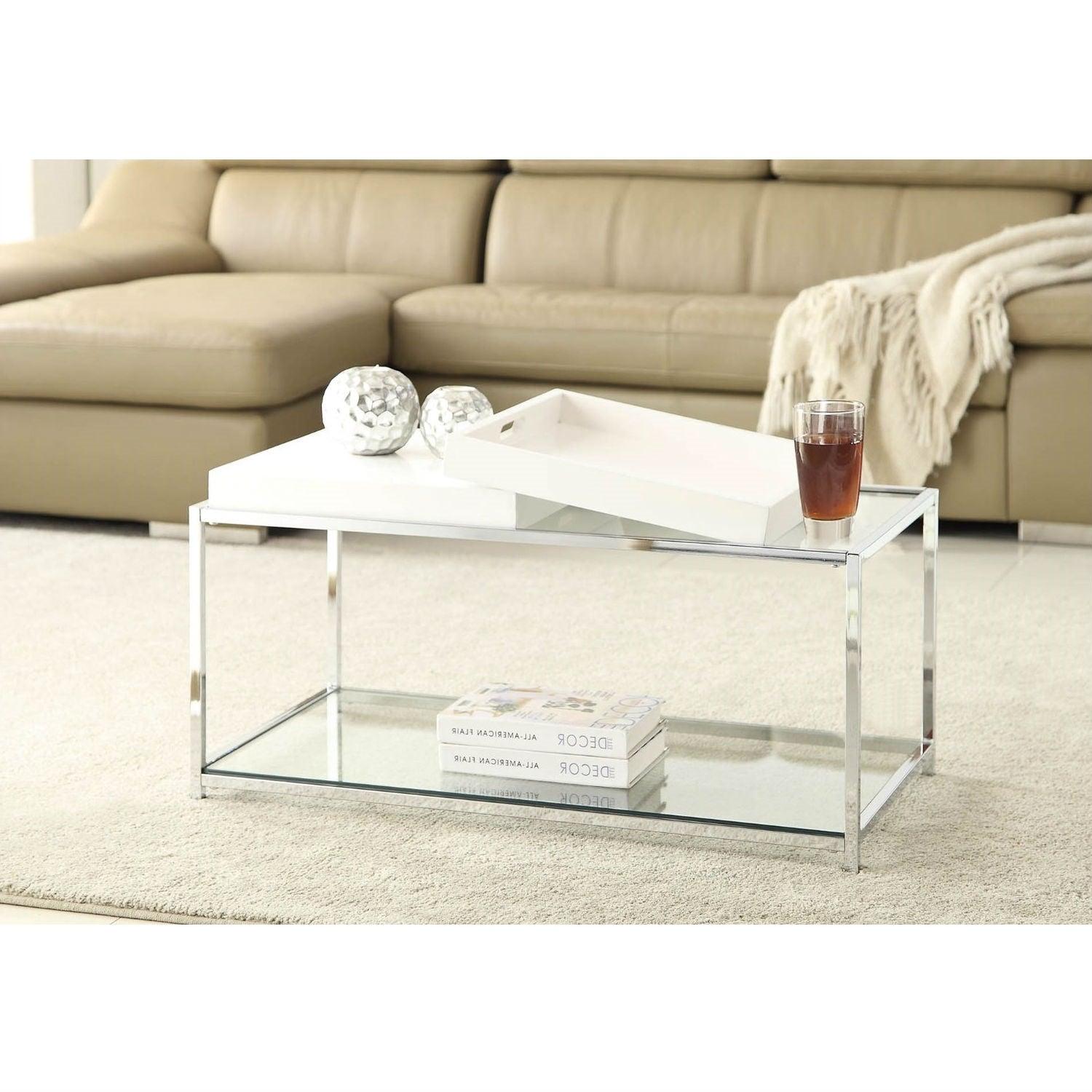 Modern Chrome Metal Coffee Table with 2 White Removable Trays - PRHOMZ