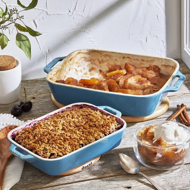 Set of 2 - Ceramic Stoneware Baking Dish Set in Blue Green Turquoise Ivory-0