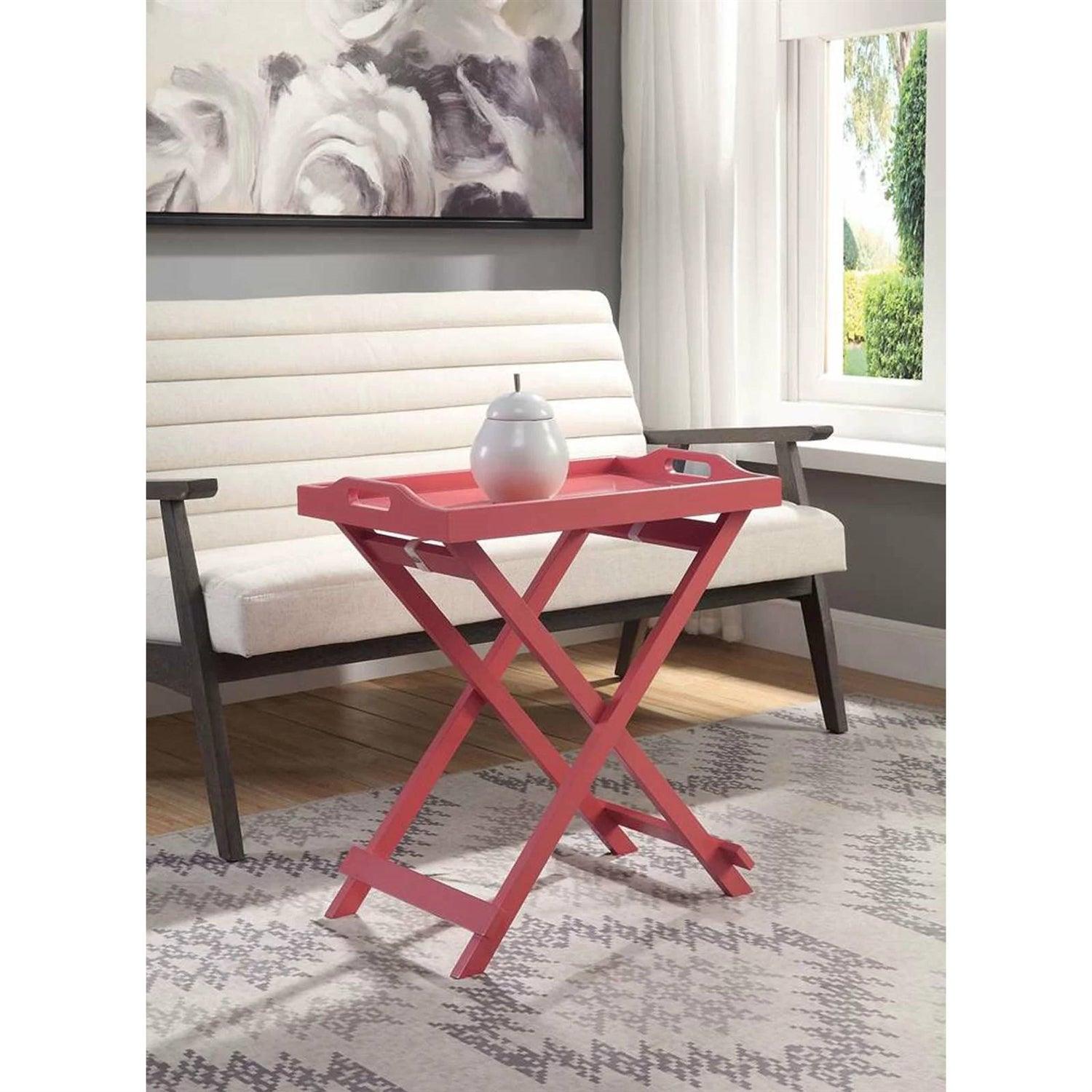 Folding TV Tray Bedside Table in Coral Red Pink Orange Wood Finish - PRHOMZ