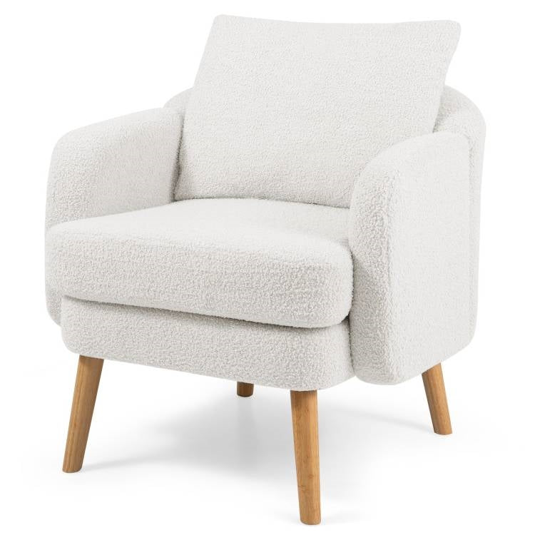 Modern White Sherpa Upholstered Accent Chair with Wooden Legs-0