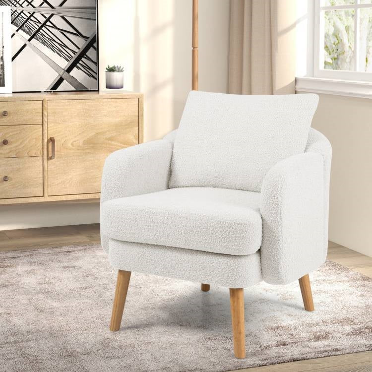 Modern White Sherpa Upholstered Accent Chair with Wooden Legs-1