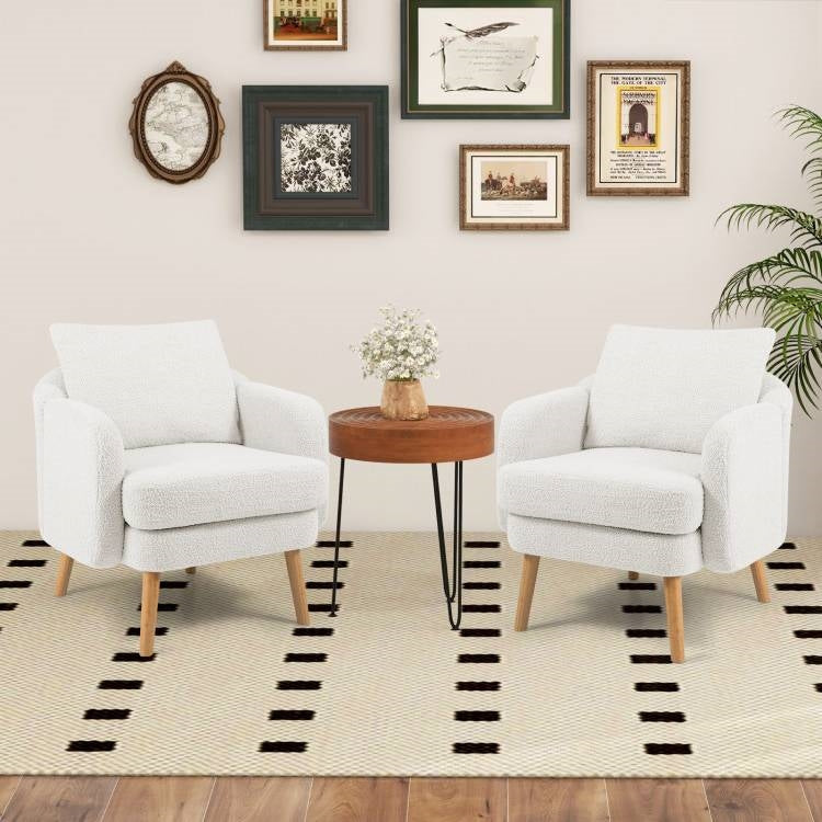 Modern White Sherpa Upholstered Accent Chair with Wooden Legs-2