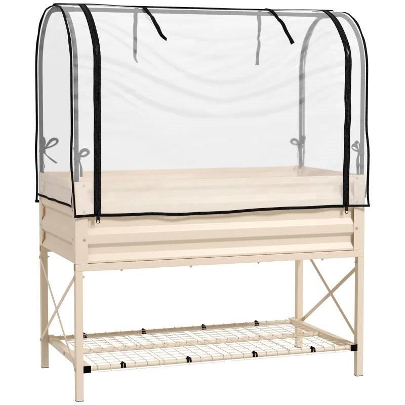 Cream Elevated Metal Raised Garden Bed w/ Greenhouse Cover - PRHOMZ