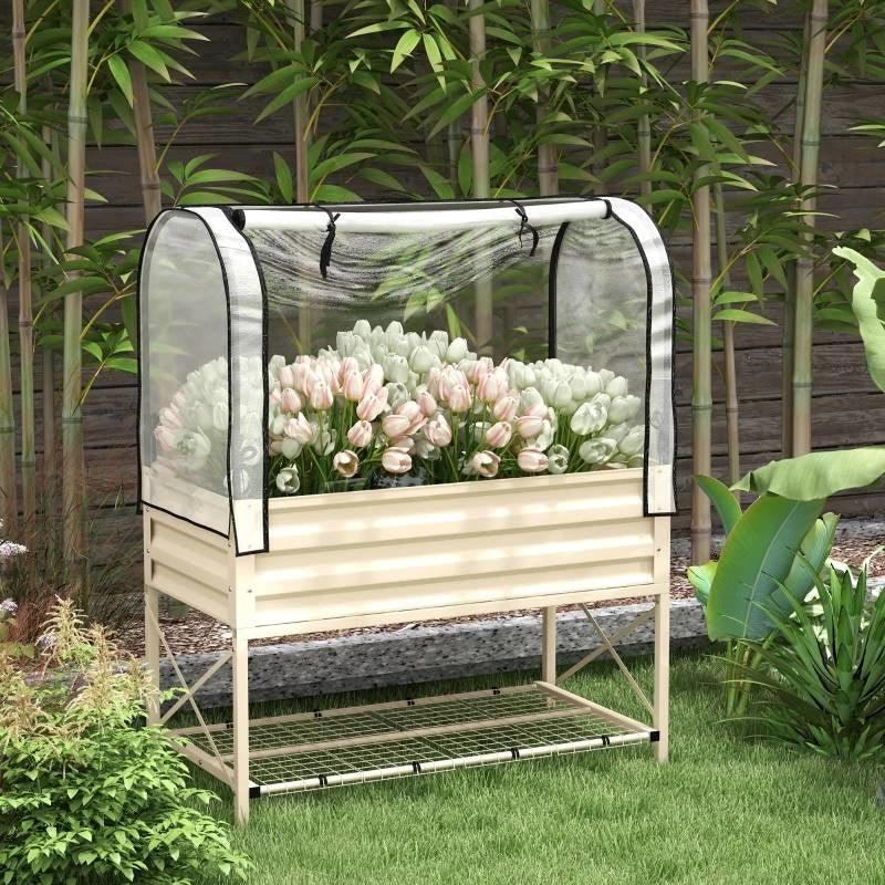 Cream Elevated Metal Raised Garden Bed w/ Greenhouse Cover - PRHOMZ