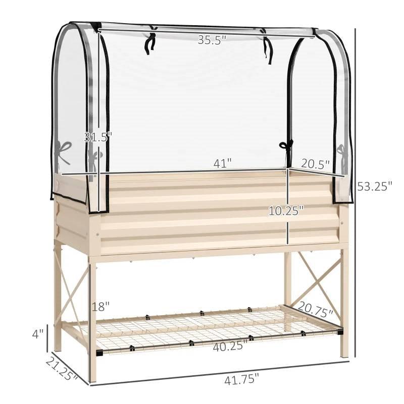 Cream Elevated Metal Raised Garden Bed w/ Greenhouse Cover - PRHOMZ