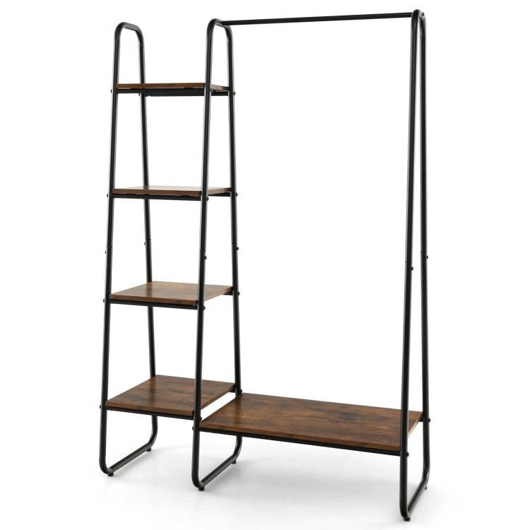 Industrial Wood Metal Garment Rack Clothes Hanging Bar with Storage Shelves-3