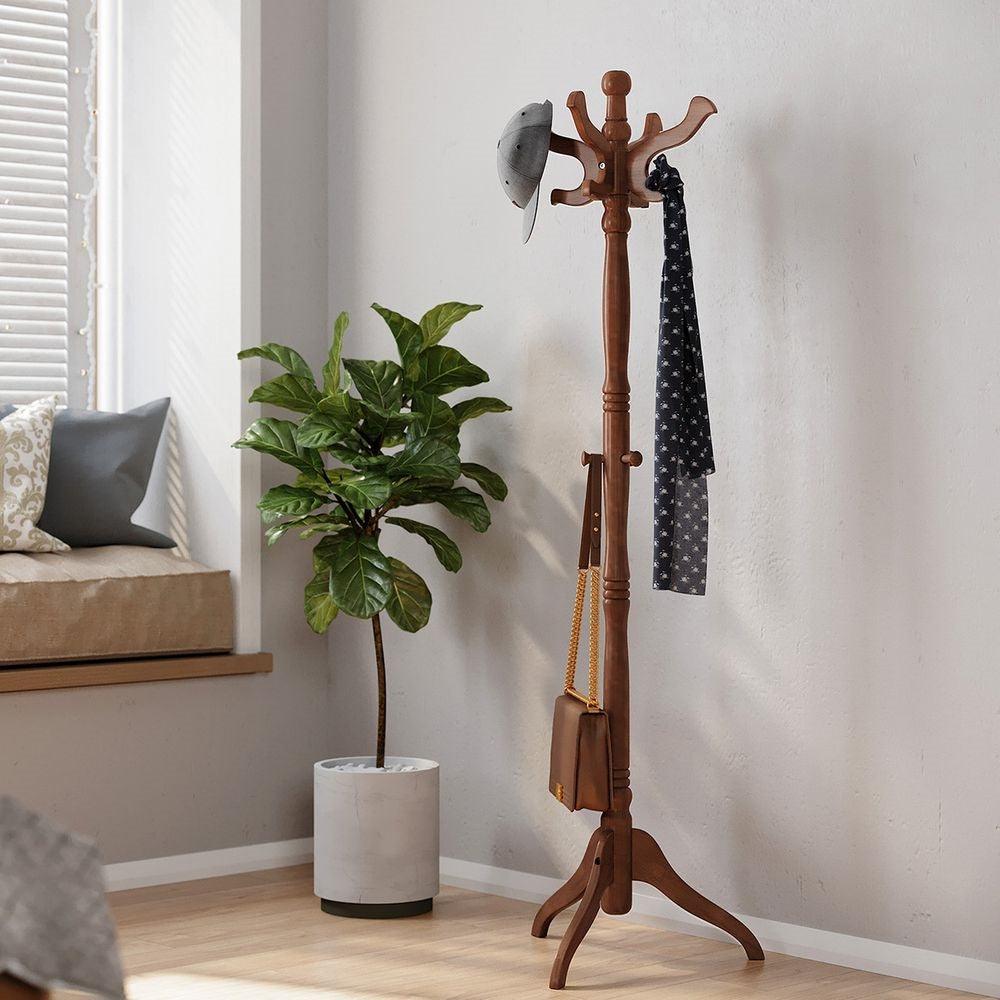 Classic Traditional Solid Wood Coat Rack in Walnut Finish - PRHOMZ