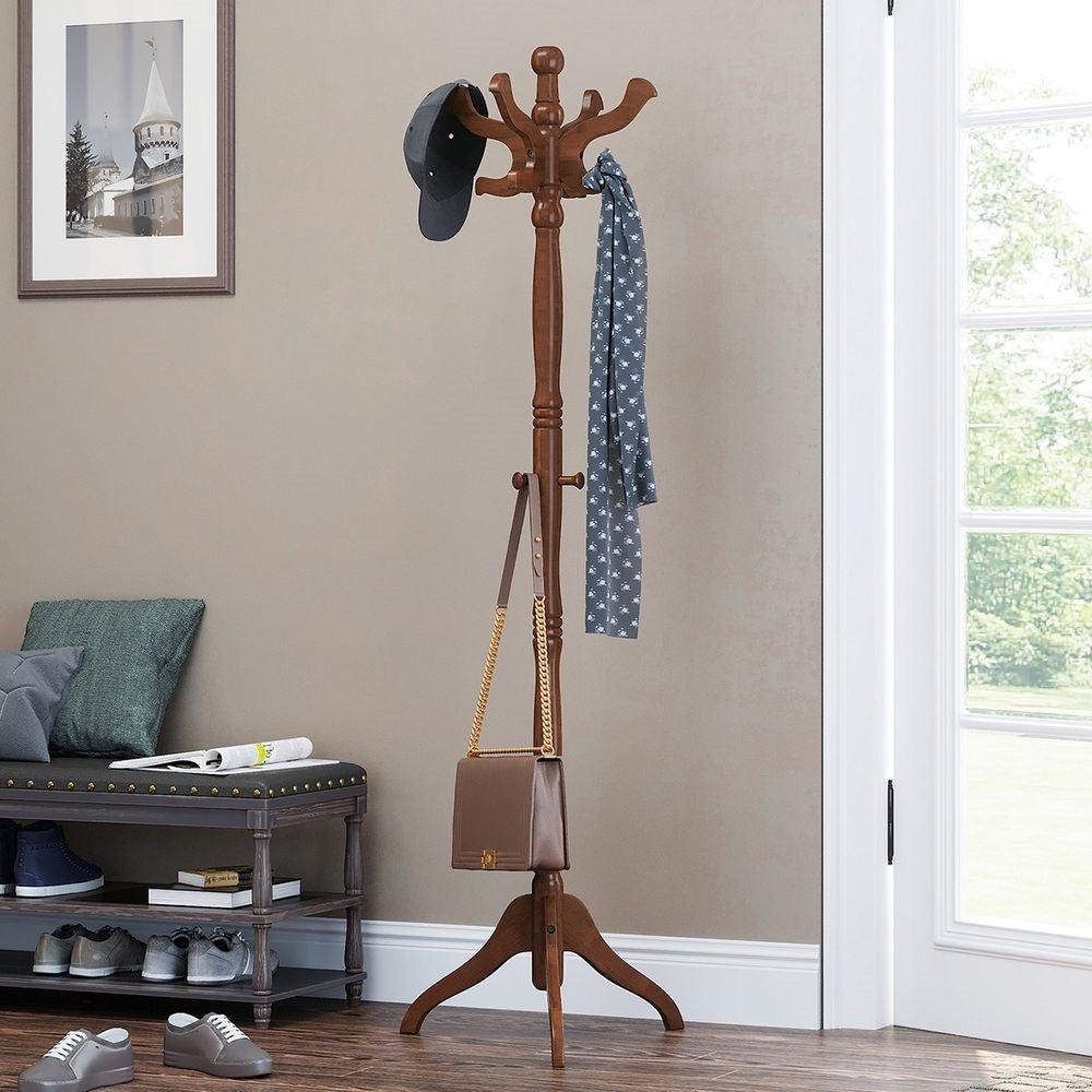 Classic Traditional Solid Wood Coat Rack in Walnut Finish - PRHOMZ